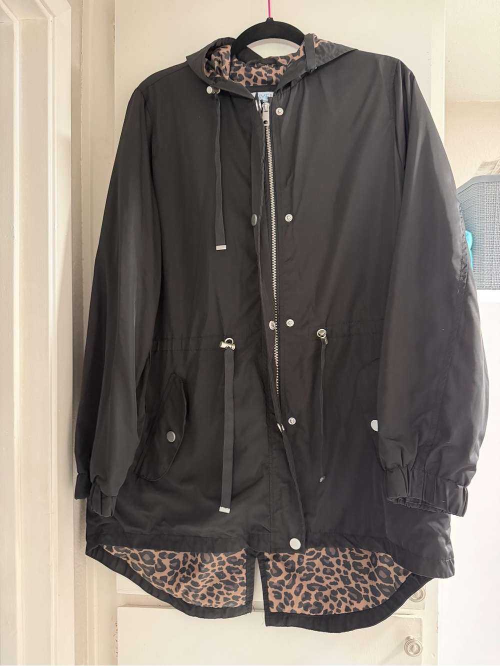 Black Women's Hooded Windbreaker Jacket with Leopard Lining